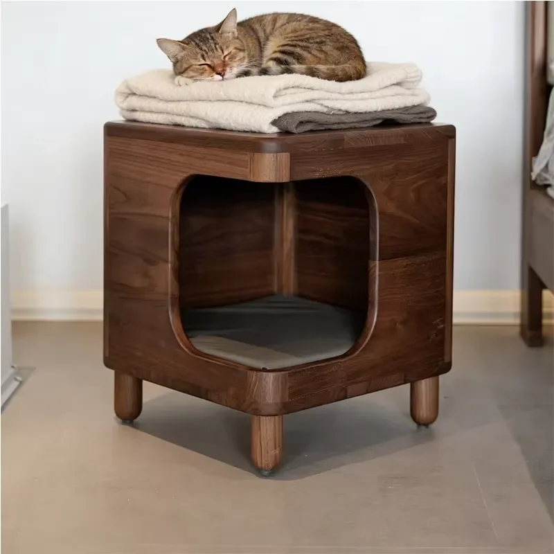 Multi-Functional Black Walnut Nightstand with Cat Bed Minimalist Solid Wood Pet Friendly Side Table