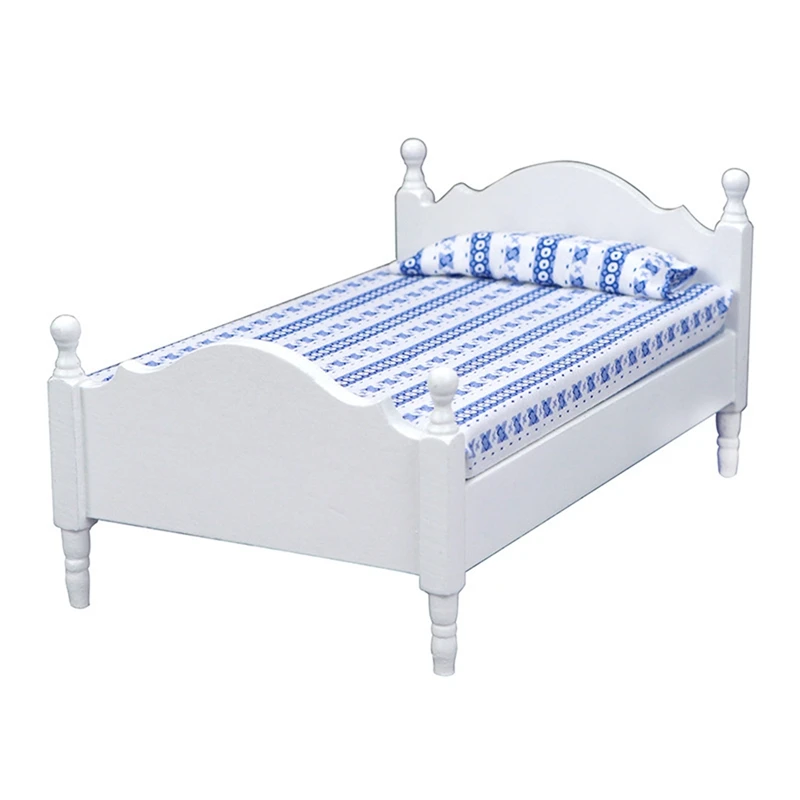 Cama De Solteiro De Madeira Com Colchão E Travesseiros Para Casa De Boneca, Quarto Acessórios Decorativos, Escala 1:12, Dollhouse