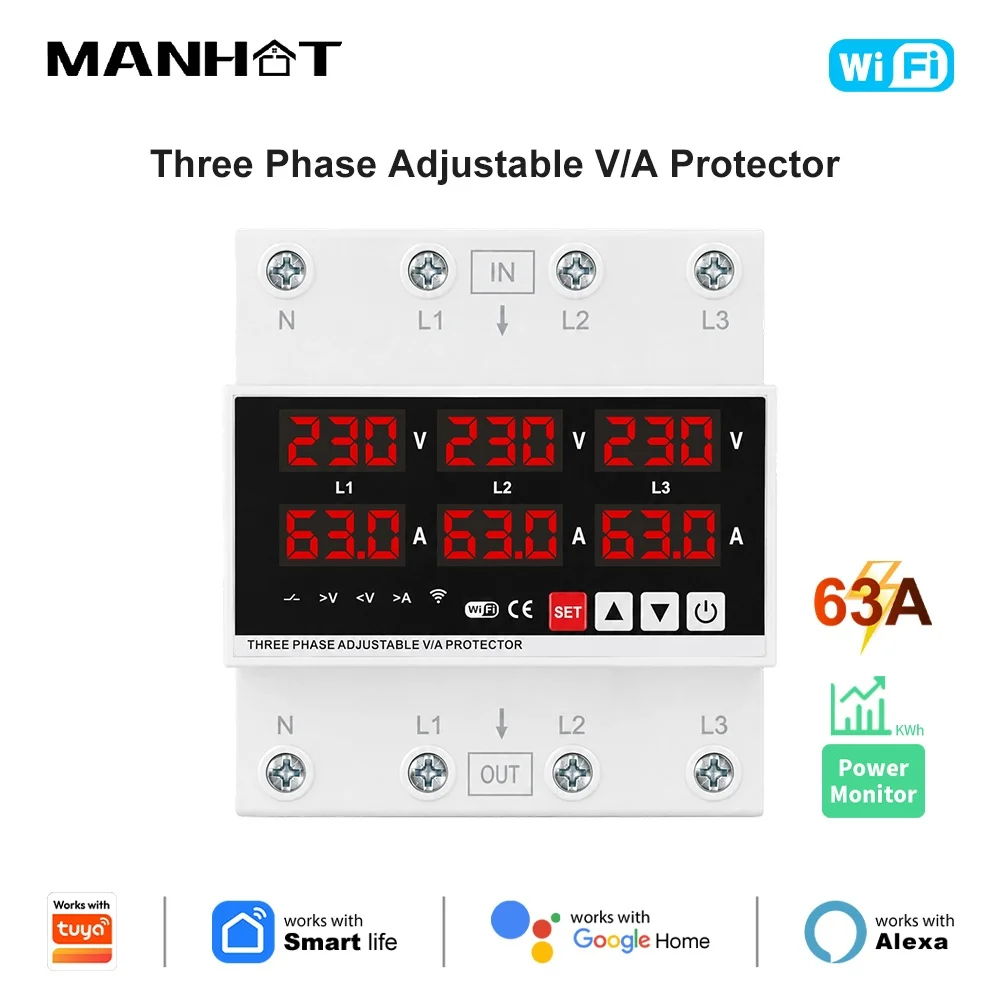 Manhot WIFI 63A 3 Phase 4P+N DIN Rail Smart Circuit Breaker Switch Automatic Reclosing Over/Under Voltage Protection Smart Home