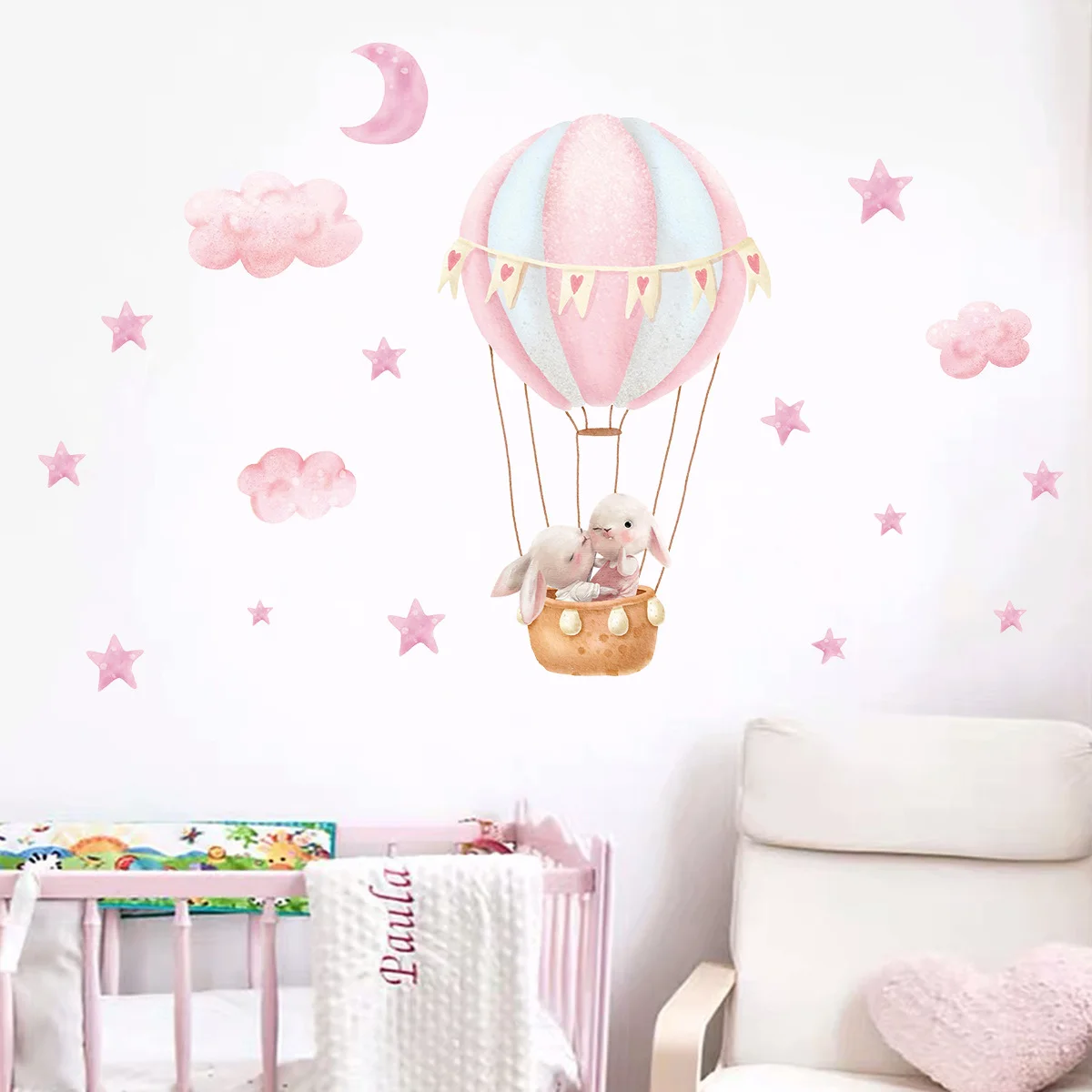 Pegatina de pared de dibujos animados para niños, lindo nube rosa, globo de aire caliente, pegatinas de decoración para habitación, accesorios de decoración del hogar autoadhesivos