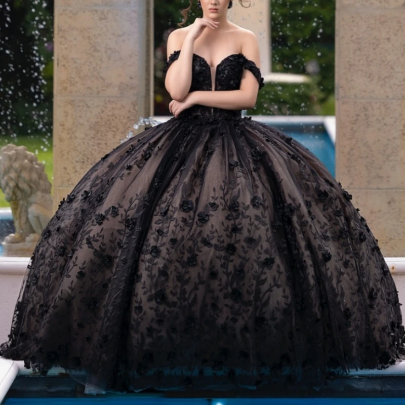

Черные блестящие платья Quinceanera с открытыми плечами и аппликацией с цветочным принтом и бантом из тюля для вечеринки, дня рождения, милое платье 16, Vestidos 15 De