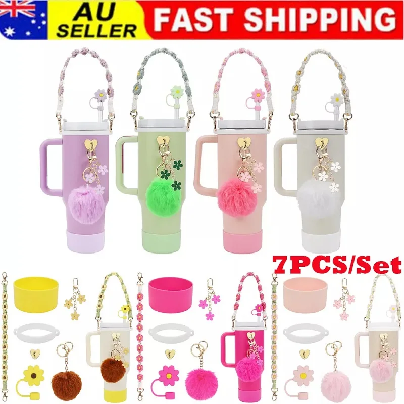 7pcs For Stanley Cup Accessory Set Includes 1 Water Bottle Handle Strap, 1 Cup Cover, 1 Fixed Cup Cover, 1straw Cover, 3 Charms