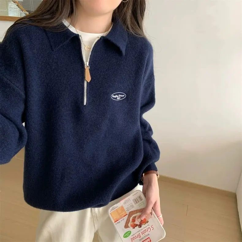 Sweaters Half Zipper POLO Neck Women Girls Vintage Preppy Sweatshirt Jumper Gray Khaki Loose Long Sleeve Pullover Korean Fashion