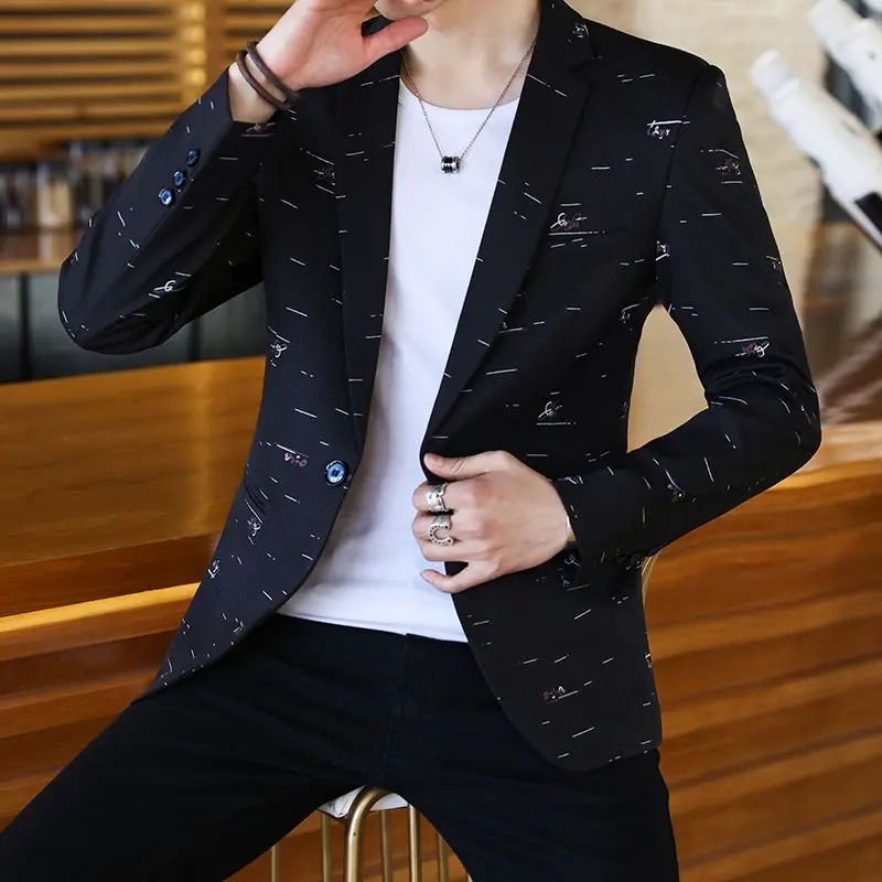 2-A36 Trendy and handsome letter printed suit men's Korean style slim single suit top spring and autumn casual coat small suit