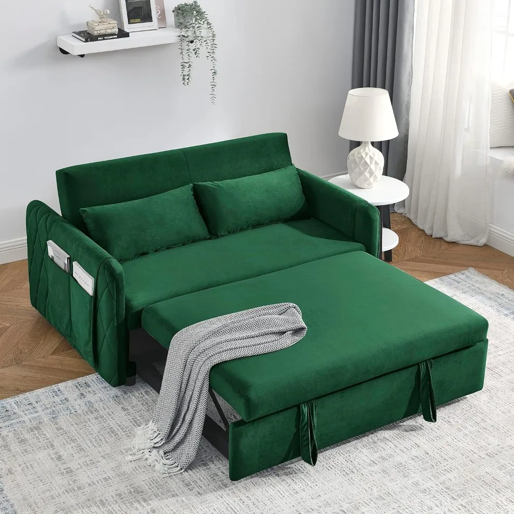

55" Loveseat with Pull Out Bed, 3 in 1 Convertible Velvet Sleeper Sofa Bed with Adjustable Backrest & 2 Pillows, 2 Arm Pocket f