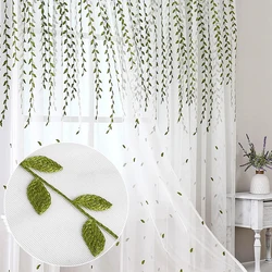 1pc Green Leaf Embroidery Sheer Curtain, Pastoral Style Pure Transparent Thin Tulle for Living Room, Rod Pocket，Home Decor