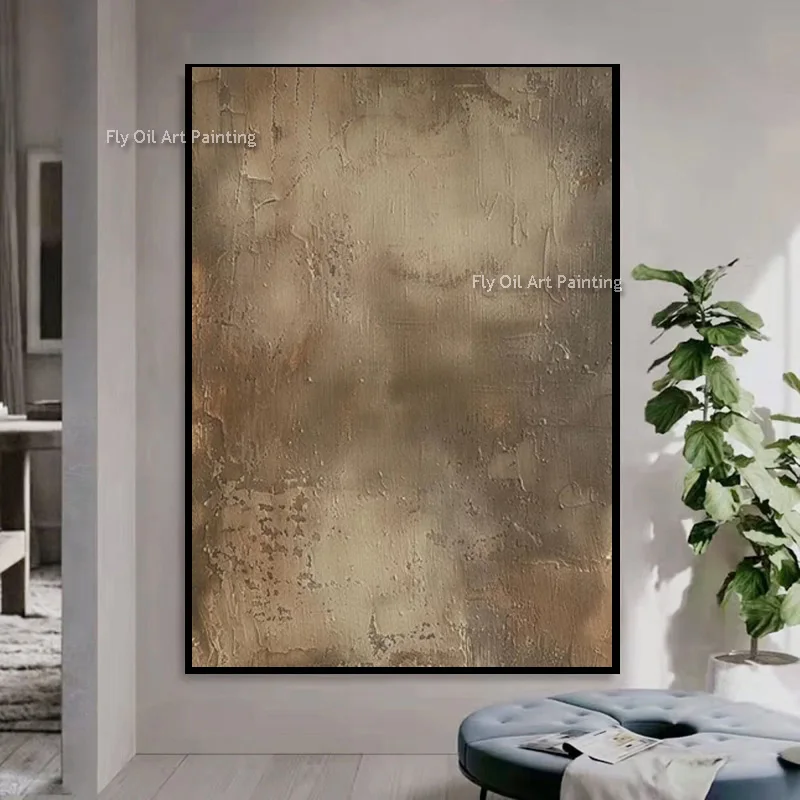 رمادي وذهبي أصفر مجردة قماش جدار الفن رسمت باليد تصميم الأزياء لوحة زيتية بنية بسيطة لديكور قاعة الغرفة
