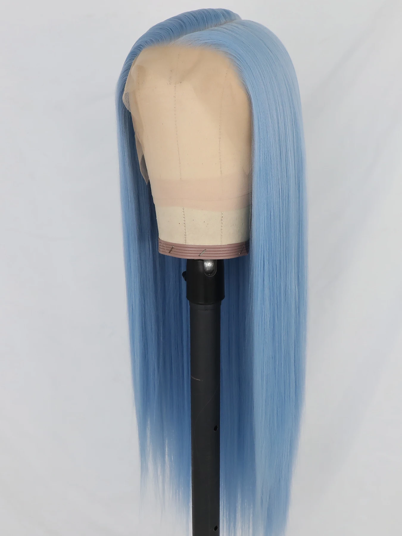 Pelucas frontales largas y rectas para mujeres negras, cabello sintético prearrancado, parte libre, azul claro