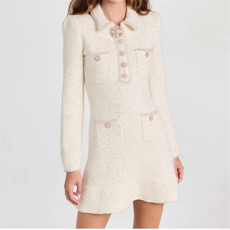 Women's dress 2024 autumn multi pocket decorative tweed long sleeved mini dress Fashion sequin blend Short dresses party dresses