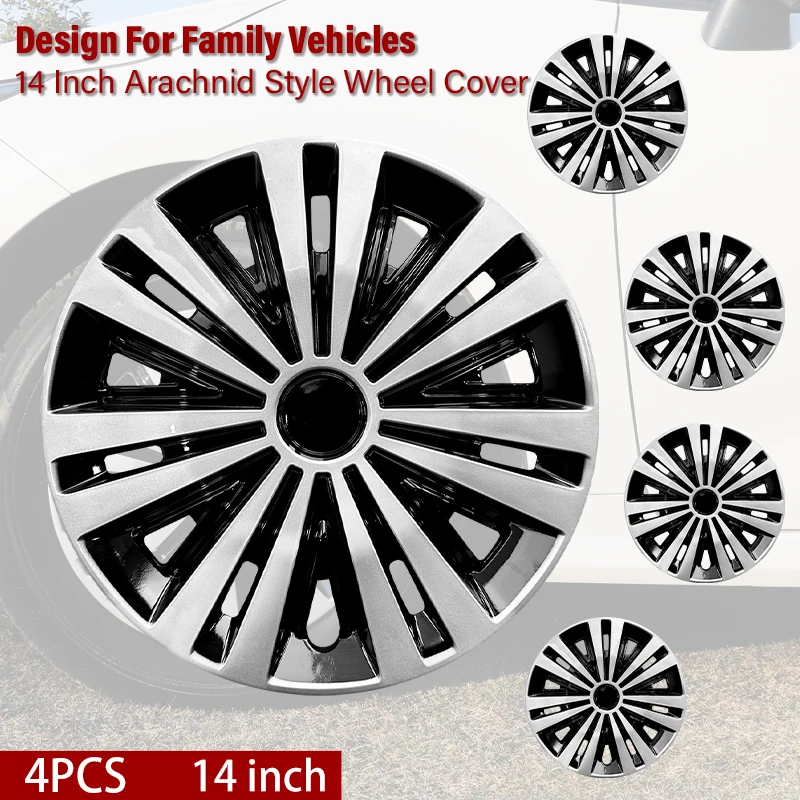 Universal 14 inch Arachnid Style Hubcaps Black & Silver Wheel Covers for Cars Set of 4 Fits Honda Volkswagen, Chevy, Mazda,Dodge