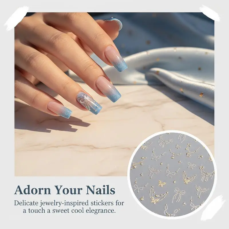 1 Sheet Manicure Decal Silver Gold Stamping Necklace Bowknot Butterfly Circle Pentagram Starlight Starburst Nail Art Sticker