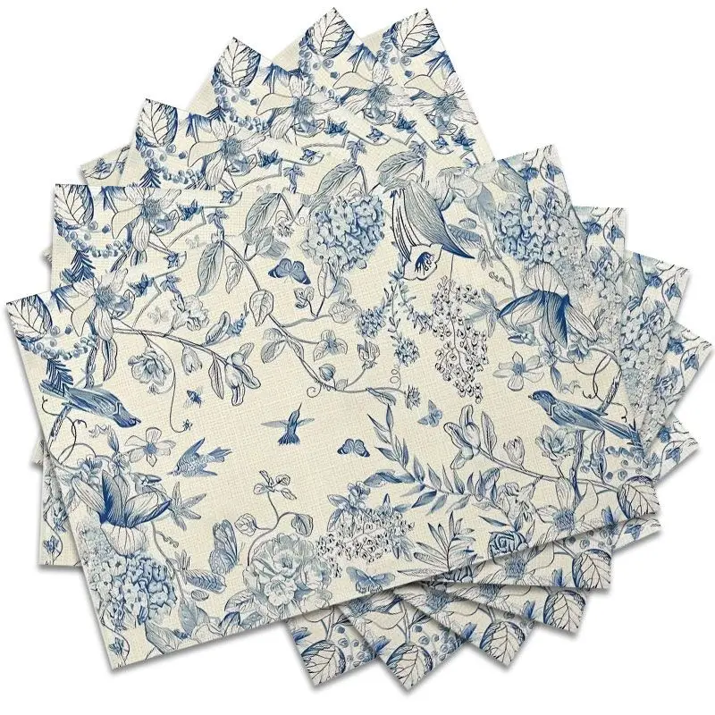 6Pcs, French-Style Blue and White Porcelain Flower and Bird Placemats, Washable, Suitable for Holiday Parties, Home Decoration, Kitchen Countertops, Rectangular Dining Rooms, Making Your Dining Room and Kitchen More Beautiful, a Birthday Gift and Housewarming Party Gift for Family and Friends