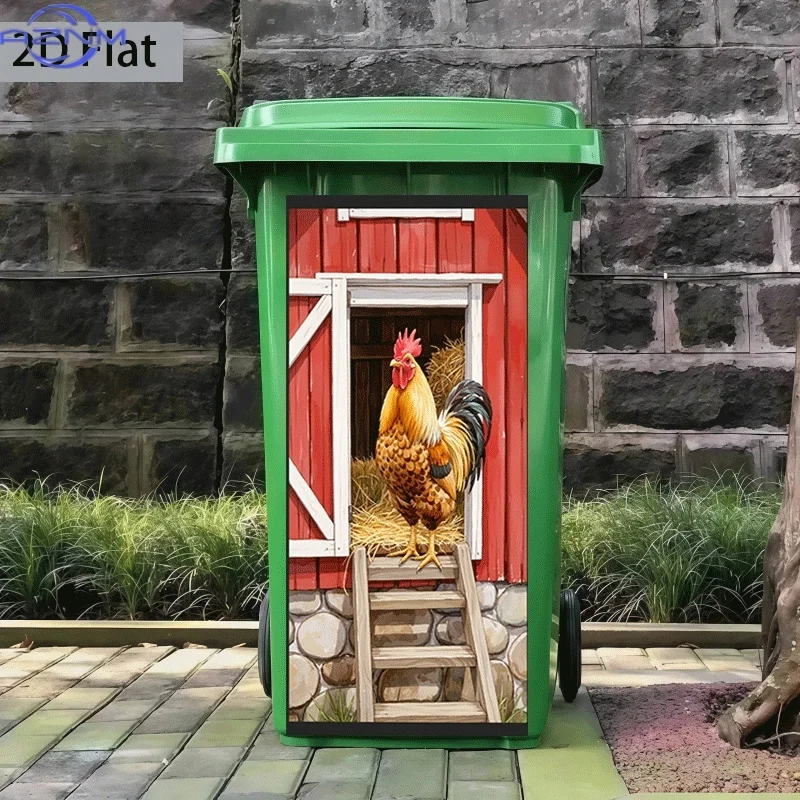 2D Flat Printing 1pc Trash Can Sticker 37×82cm Red Rooster Climbing Ladder Theme Design Self-Adhesive Wall Decal Wallpaper Kit