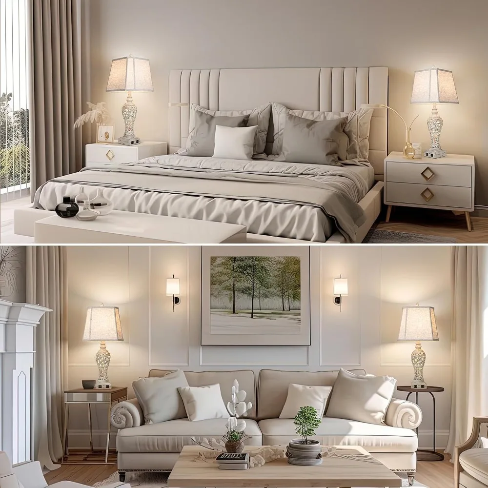 28.5" Table Lamps Set of 2 with Nightlight, USB C+A Ports, Linen Shades for Bedroom view 4