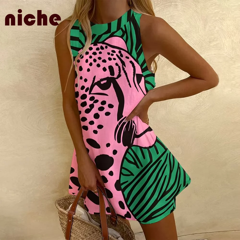 

2024 Sexy Women Sleeveless Dress Leopard Print Tiger Graphic Printing High Quality Bamboo Hemp Fabric Chic Trend New Beach Skirt