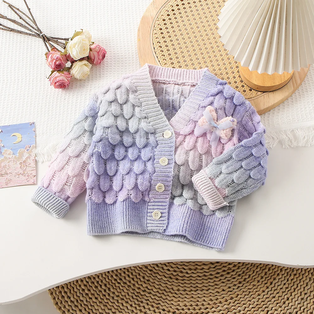 Autumn Winter Girls Sweater Gradient Color V-neck Single-breasted Knitted Cardigan For 2-6Years Girls Fashion Woolen Sweater