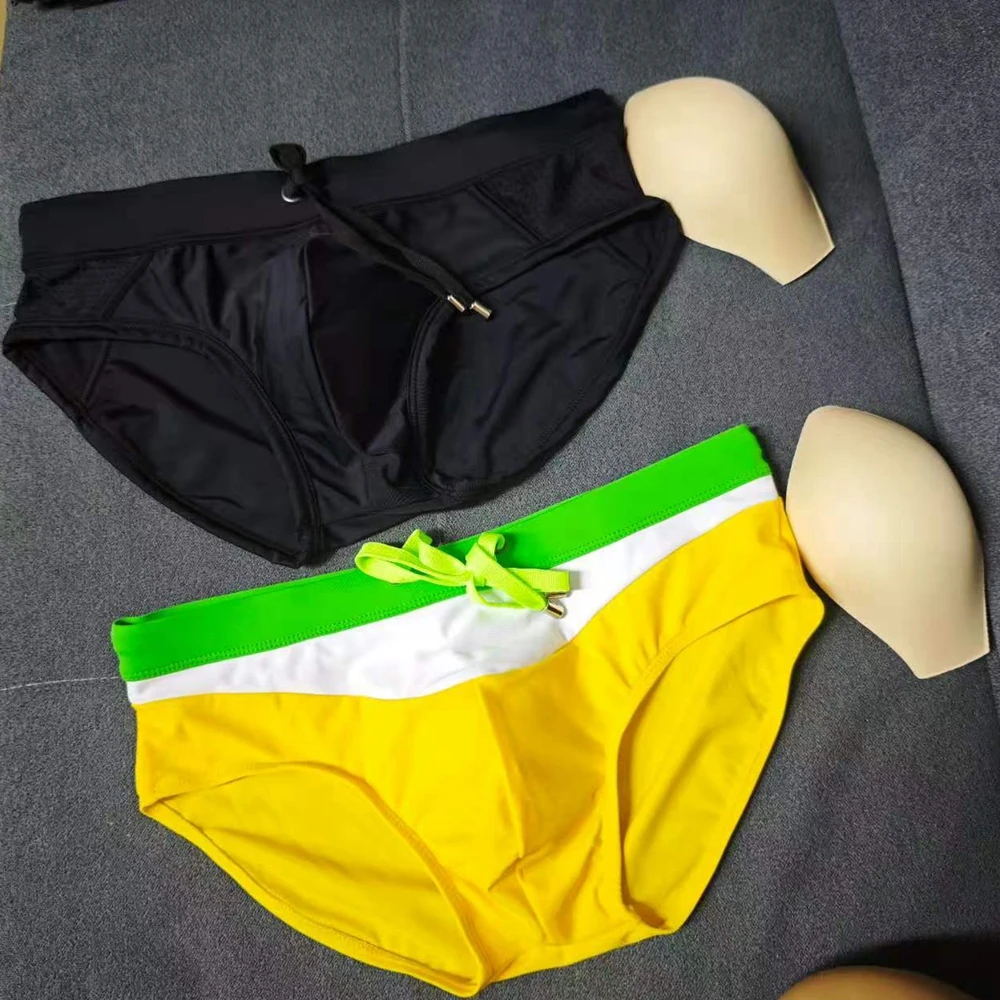 Men's black and matching corner swimming trunks with cup size simple and fashionable quick-drying fitness men 055-380-048