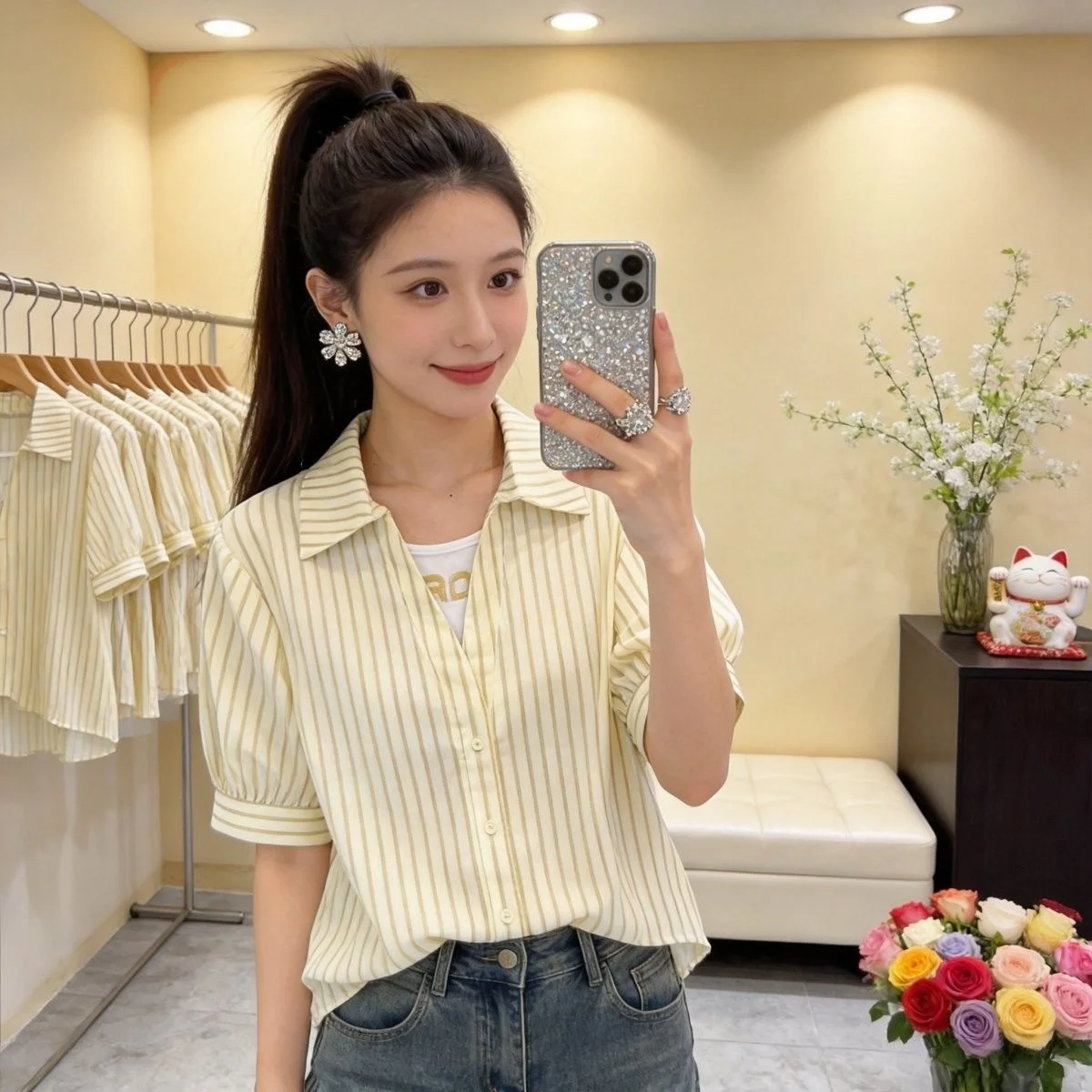 

Summer New Style Women's Fashion Slimming Striped Shirt Short Sleeve Elegant Loose Fit Polyester Mommy Clothes Conceal Meat