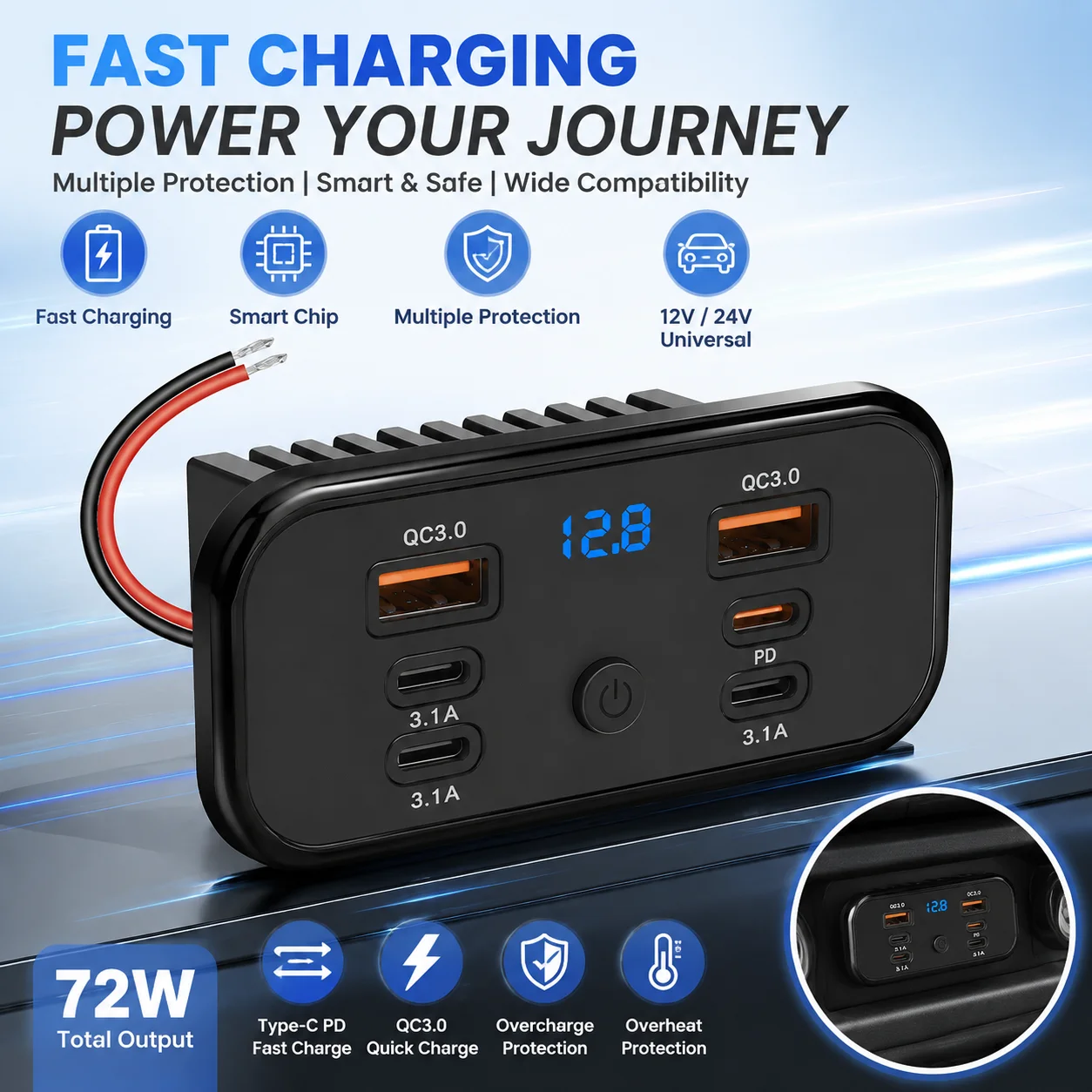 12-24V 6Ports USB Outlet Fast Car Charging PD QC3.0 Socket Wall Mount Charger Power Panel for Bus Boat Truck RV Car Accessories