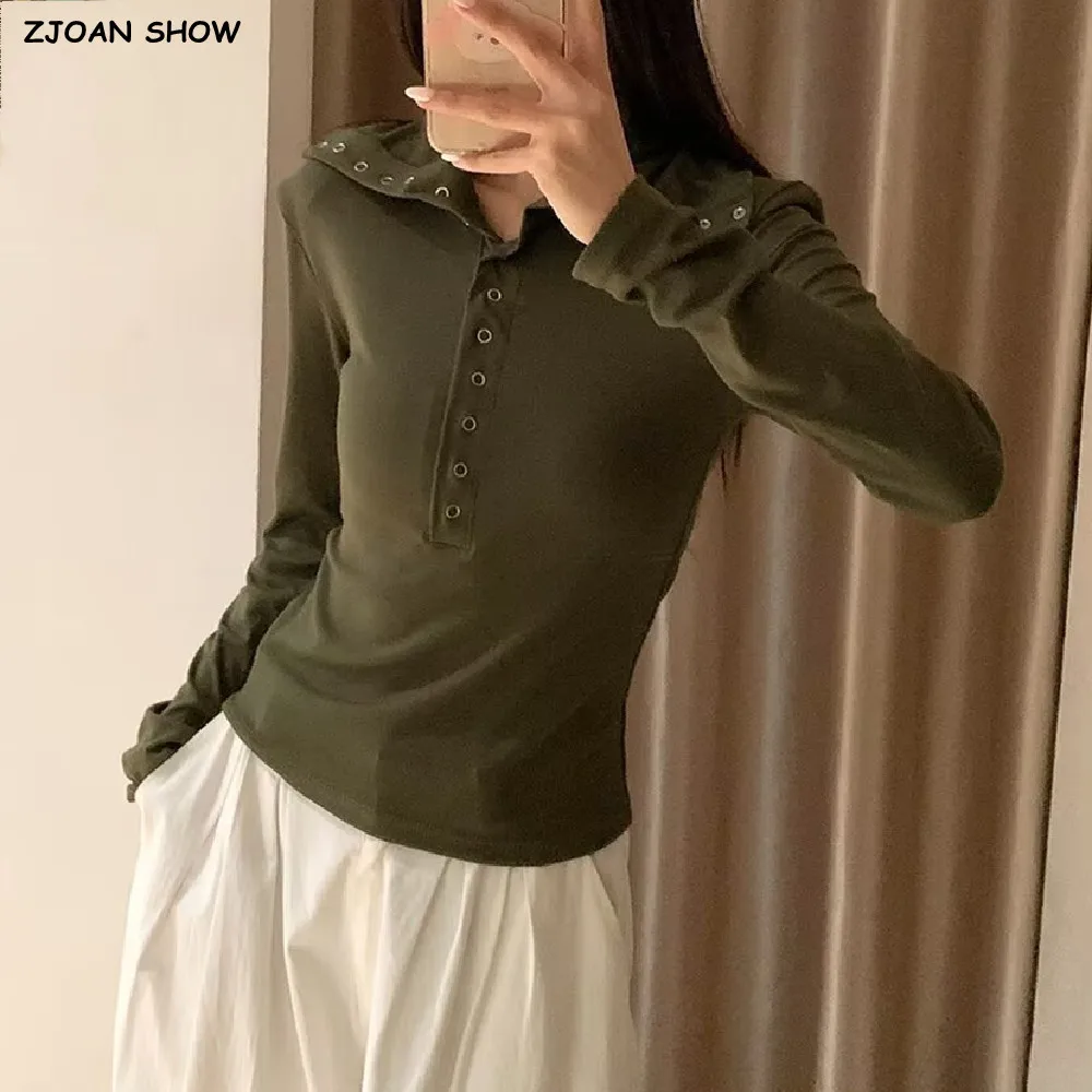 

3 colors 2025 Autumn Single-Breasted Buttons Stand Collar Soft Skinny T-shirts Women Long Sleeve Slim Fit Tee Base Blouse Tops