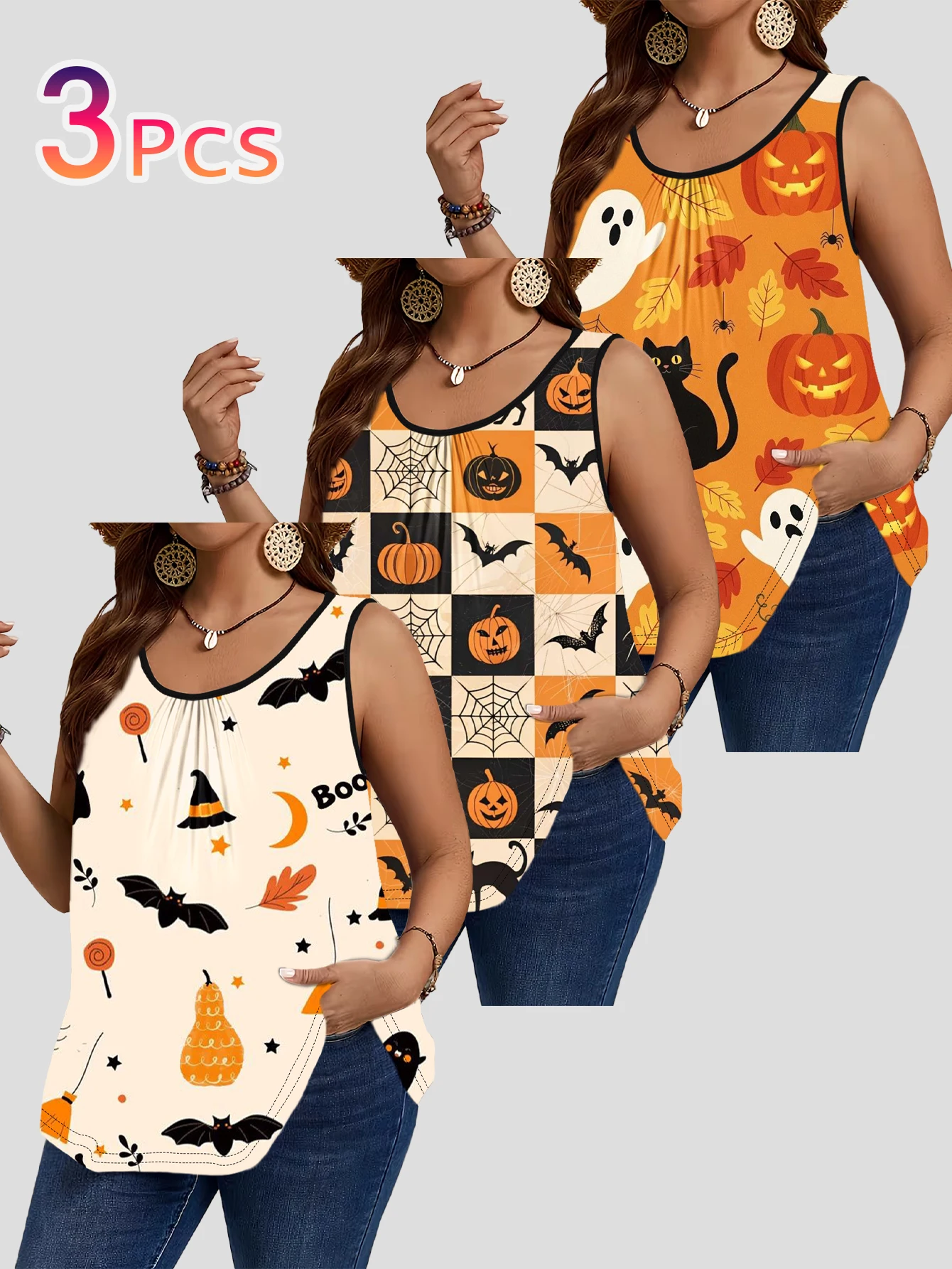 3-Piece Set of Plus-Size Women's Off-White Bat Witch Hat Pumpkin Candy Cute Halloween All-Over Print Tank Top, Round Neck Loose Sleeveless Top