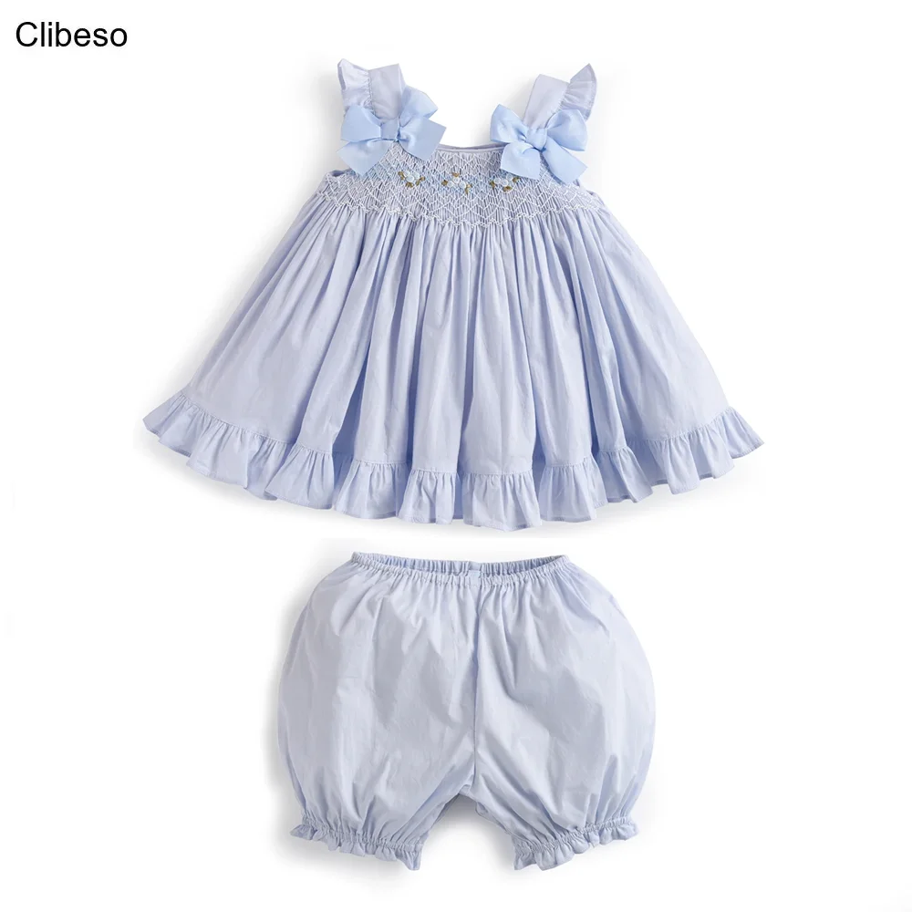 2024 Summer Sets for Children Kids Handmade Smocked Embroidery Suits for Girls Infants Sleeveless Tops + Bloomers Girl Outfit