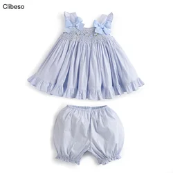 2024 Summer Sets for Children Kids Handmade Smocked Embroidery Suits for Girls Infants Sleeveless Tops + Bloomers Girl Outfit