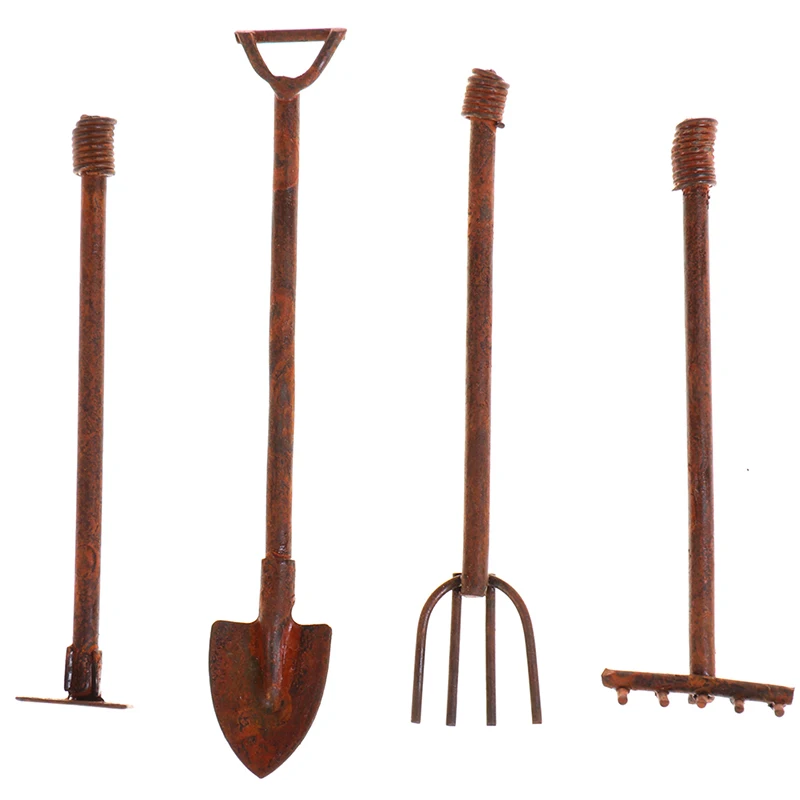 4pcs/set 1:12 Dollhouse Miniature Gardening Tools Retro Metal Shovels and Pitchfork Furniture Set