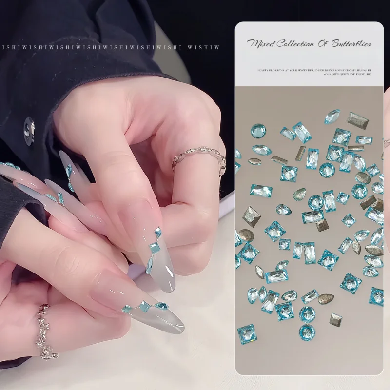 Summer Blue Zircon Nail Drill Super Shiny Beveled Mini Stacked Diamond Versatile Flat Back Blue Nail Gem DIY Manicure Decoration