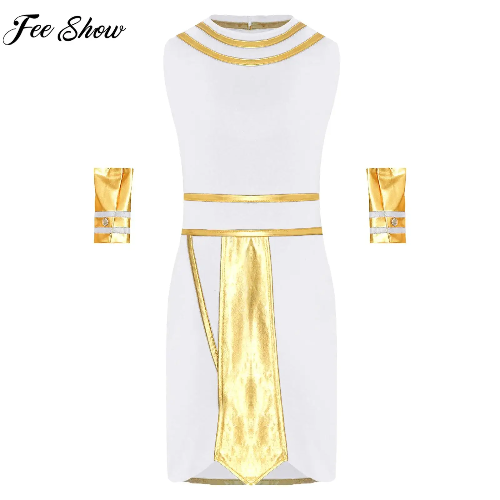 Boys Egyptian Pharaoh Kids Cosplay Costume Ancient Egypt King Dress Up Outfit Sleeveless Robe with Cuffs for Halloween Carnival