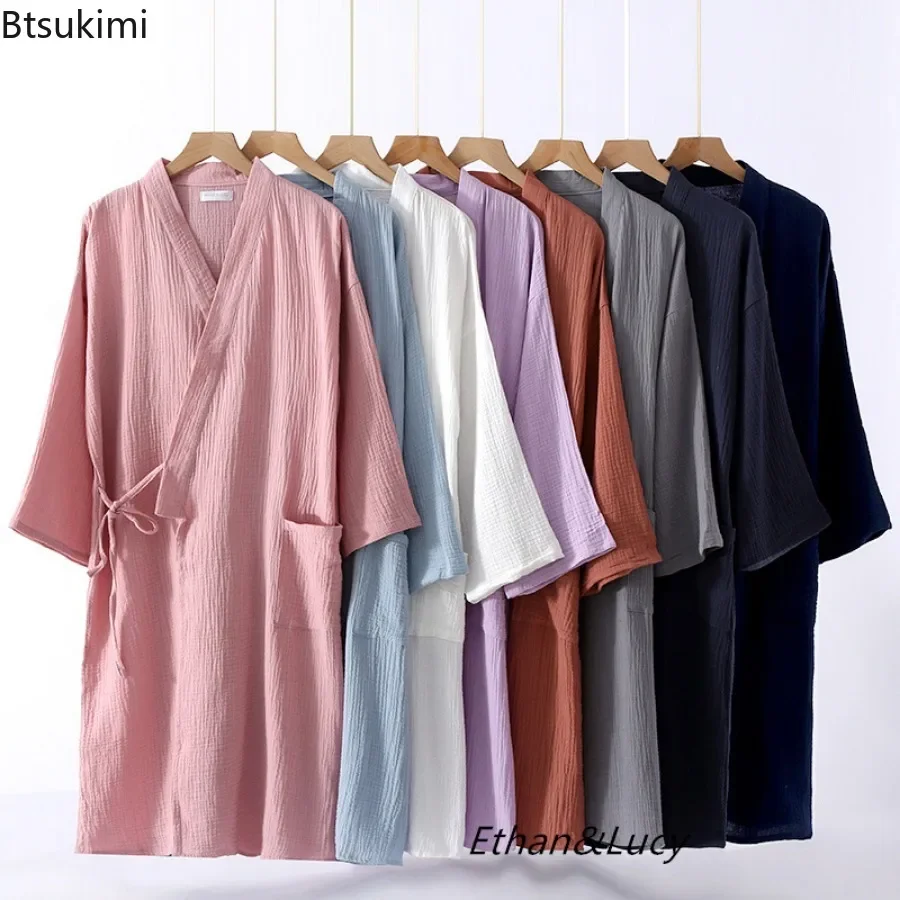 New 2026 Four Seasons Kimono Robe Couple 100% Cotton Crepe Solid Bathrobe Men and Women Kimono Robe Robes for Women Sleepwear