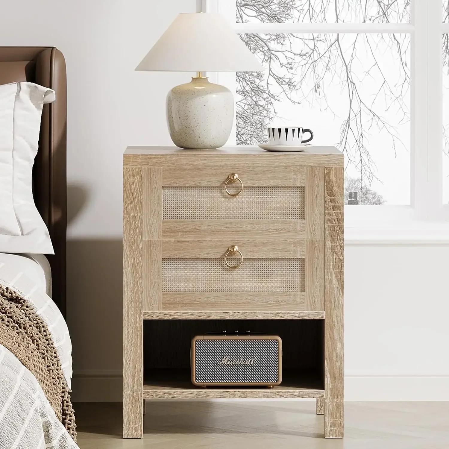 Light Wood Rattan Nightstand Bedside Side End Table Storage Drawers Shelf Charging Station Bedroom Living Room