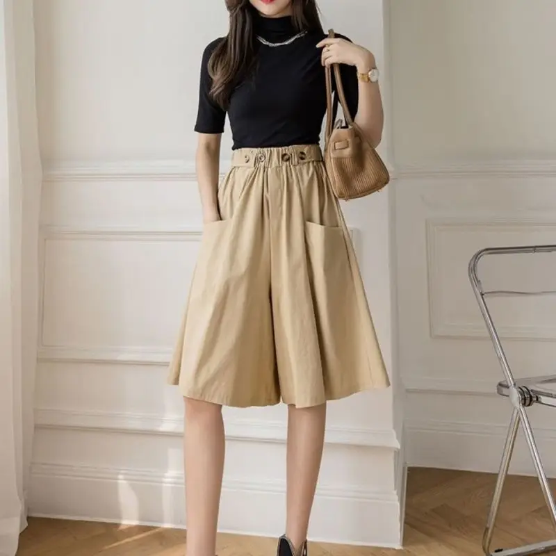 Women Summer Simplicity Loose Large Size Fashion Solid Color Appear Thin High Waist Wide Leg Ladies Fashion Trend Quarter Shorts