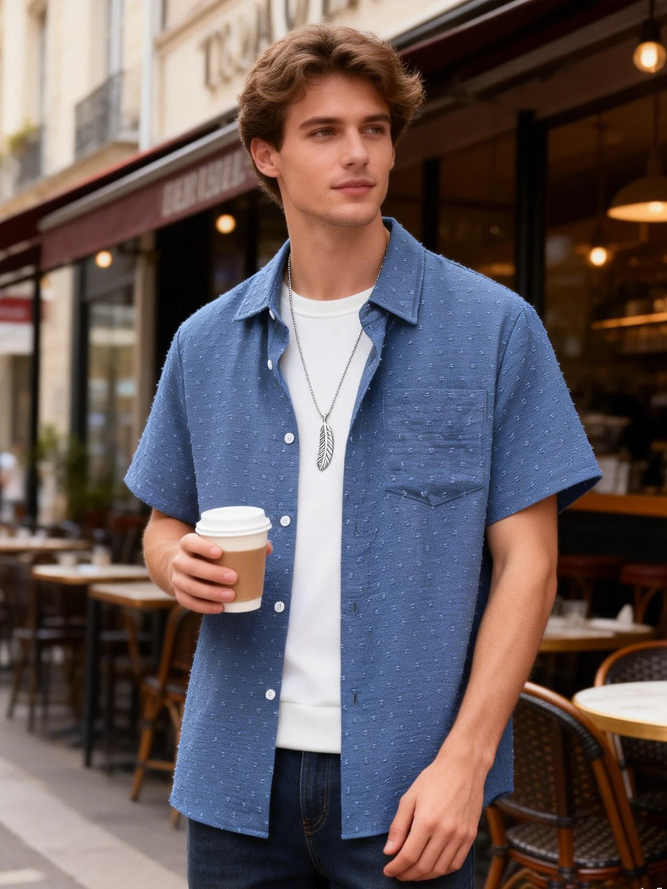 Men's Dotted Jacquard Texture Short-Sleeve Casual Shirt, Lightweight Loose-Fitting Shirt with a Turn-Down Collar, Everyday Casual Men's Versatile Textured Short-Sleeve Top