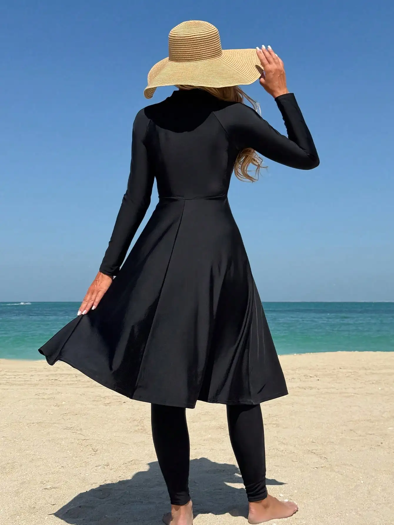 Elegant Black Women's Flesh-Covering Slimming Zipper Long-Sleeved Dress Pants Seaside Sun Protection Swimsuit Beach Suit - Image 4