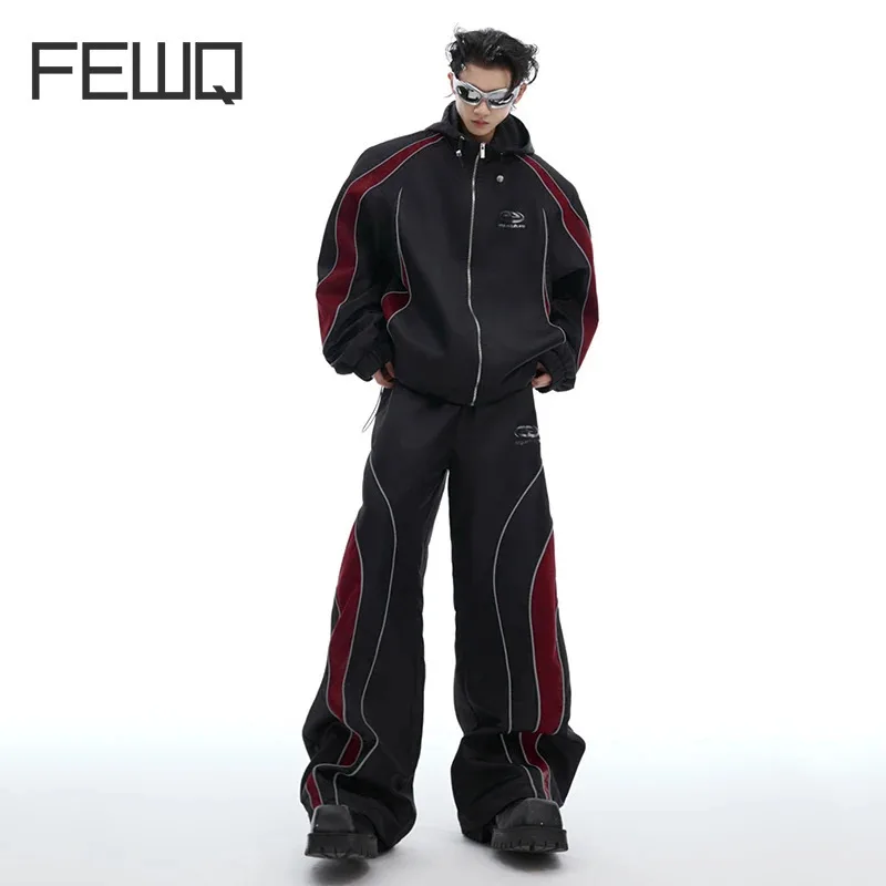 FEWQ New Fashion Men\'s Two-piece Glossy Contrast Color Patchwork Outdoor Jackets Elastic Waist Straight Wide Leg Pants 24E2592