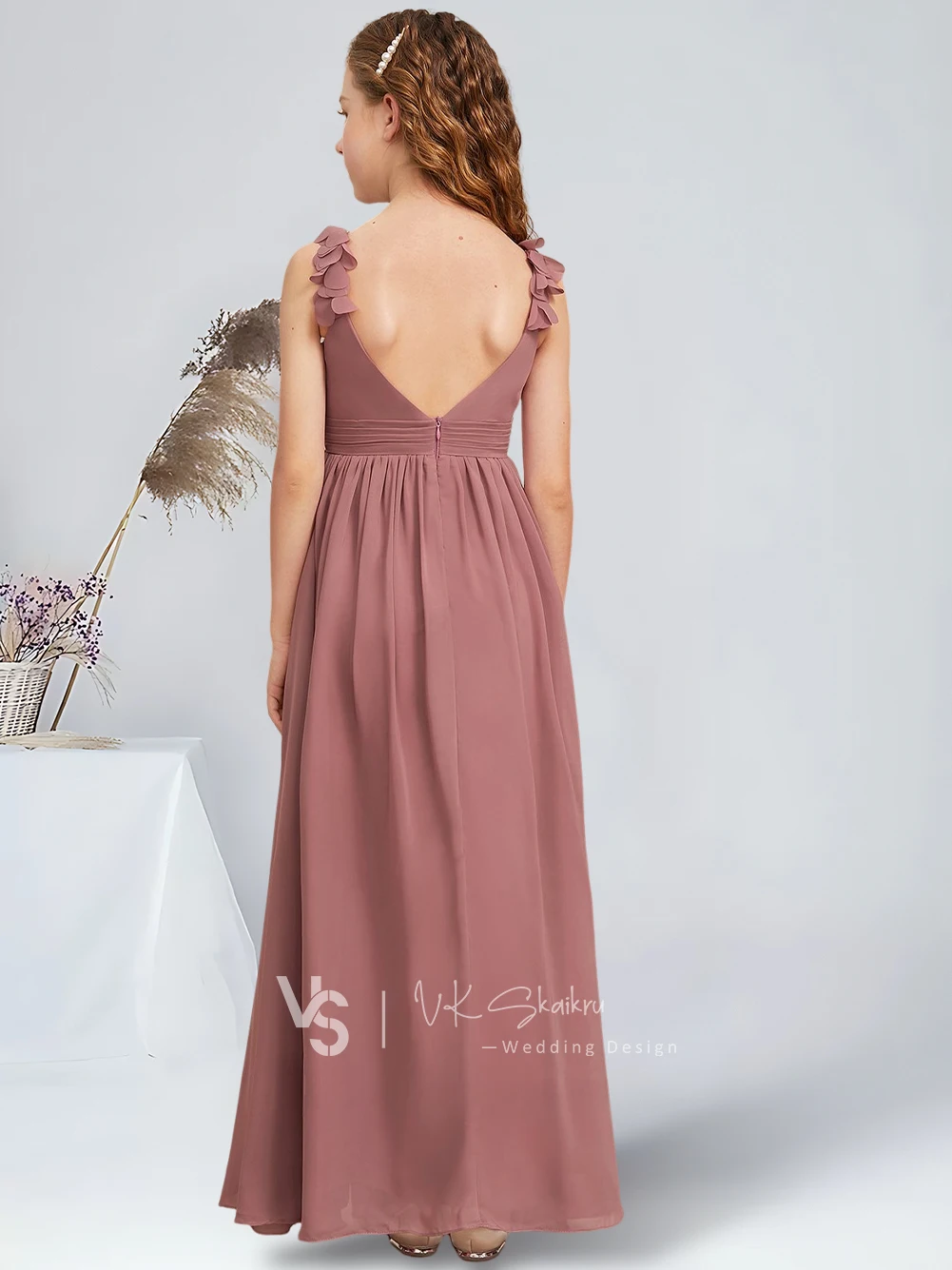 فستان وصيفة العروس للأطفال على شكل حرف a بطول الأرض من الشيفون مع تفاصيل زهور وردية صحراوية فساتين فتاة الزهور الجميلة للأطفال #2