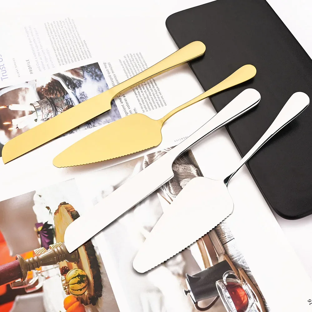 2Pcs Gold Cutlery Set Stainless Steel Cake Knife Long Handle Shovel Cake Pizza Dessert Kitchen Tool Sliverware Tableware Sets