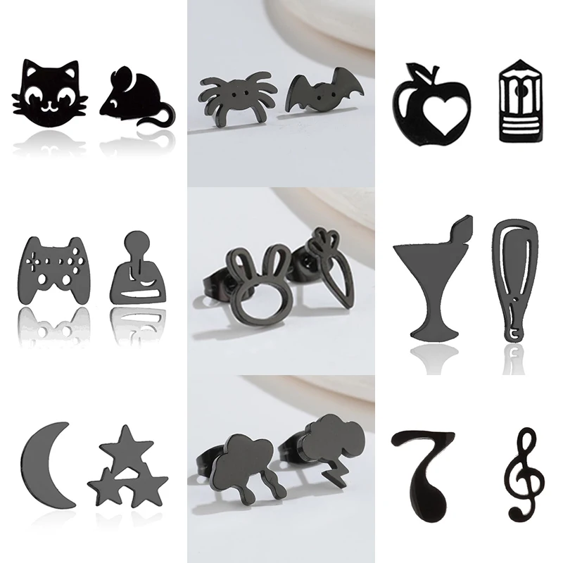 Multiple Asymmetry Stainless Steel Cat Mouse Earrings Women Halloween Bat Spider Ear Jewelry Girls Unique Earring Accessories
