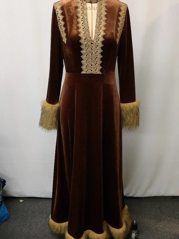 Faux Pelz Kragen Gürtel Taille Cut Out frauen Herbst Winter Neue Elegante Langarm Retro Rundhals Kleid