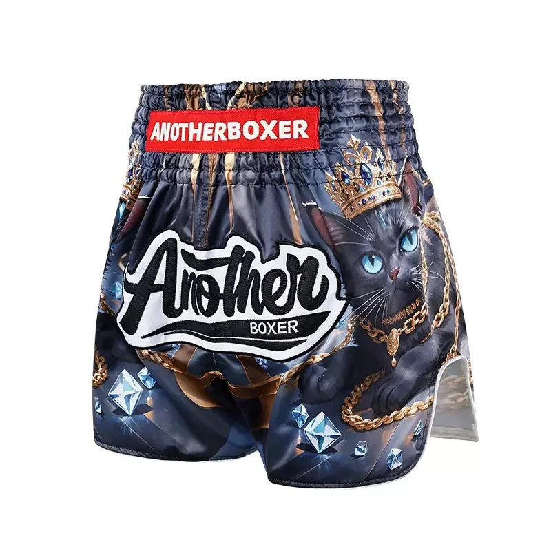Men Women Boxing Muay Thai Shorts Black Cat Crown Diamond Printed Fight Shorts Quick Dry Martial Arts Kickboxing Training Shorts