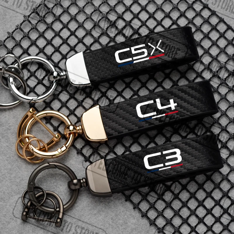 Para Citroen Citroën C3 C4 C5X C5 X logotipo de la bandera francesa llavero de cuero de fibra de carbono hebilla de herradura accesorios de joyería