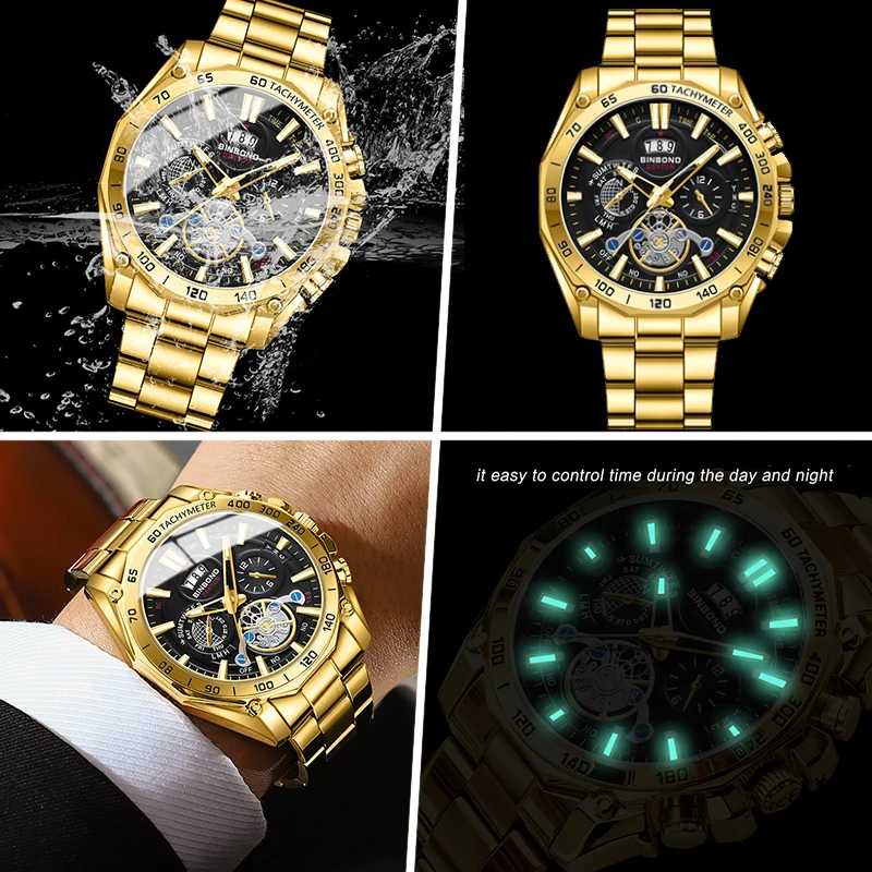 BINBOND Men\'s watches Casual Fashion Flywheel Style Original Quartz Wristwatch for Man Waterproof Stainless Steel Luminous Date