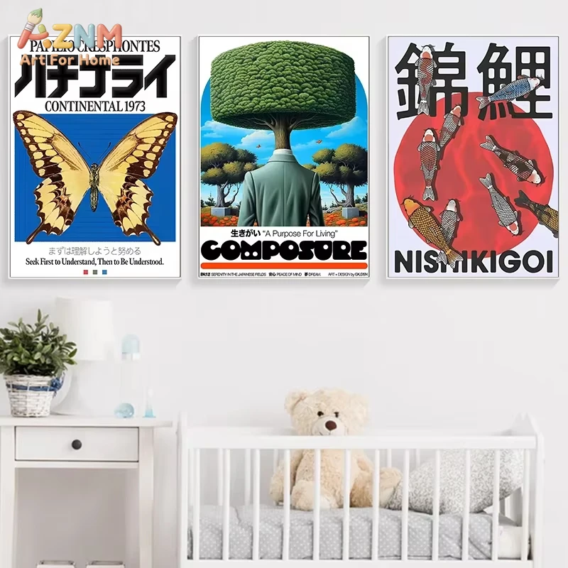 

Настенное искусство в стиле сюрреализма AZNM, японский холст, винтажный постер с изображением бабочки и рыбки нисикигой, минималистичный постер с типографским оформлением