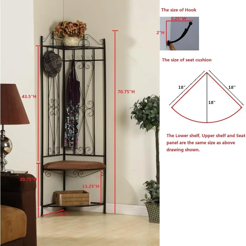 Brand Black Metal Corner Entryway Hallway Rack with Bench & 6 Hooks US(Origin)