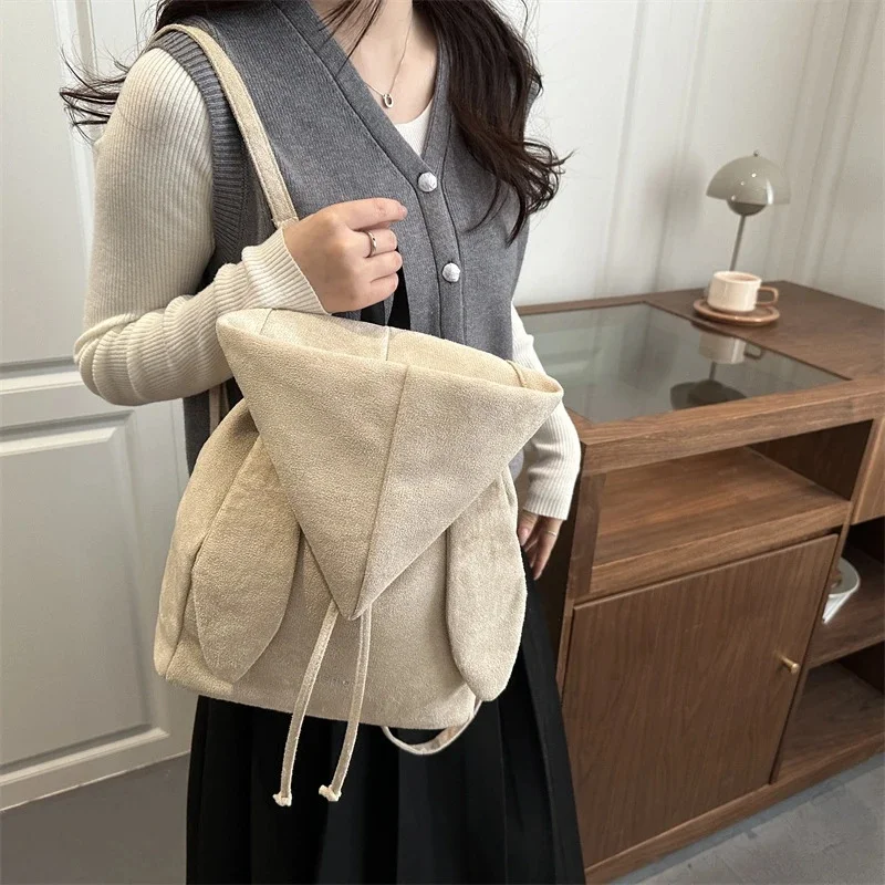 Cute Angel Wings Hooded Casual Drawstring Backpack Beige Suede Minimalist Niche Korean Style Bag For Girls School Travel Gift