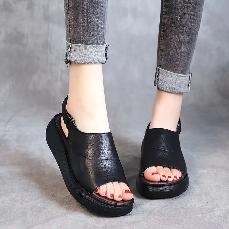 

Women's Summer Leather Thick Sole Peep Toe Sandals Breathable Lightweight Slip On Retro Wedges Sandals Height Increasing Sandals