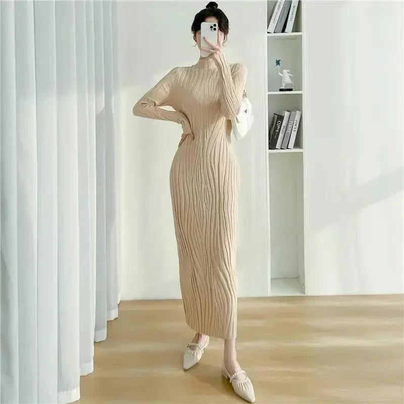 

Pop Solid Patchwork Half High Collar Long Sleeve Jersey Dress Elegant Fashion Harajuku Female Clothes Loose Casual All Match Dre