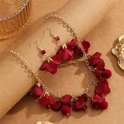 3pcs/Set Romantic Elegant Red Flower Chain Necklaces+Dangle Earrings,For Women Trendy Lovely Jewelry Set,Valentine'S Day Gift