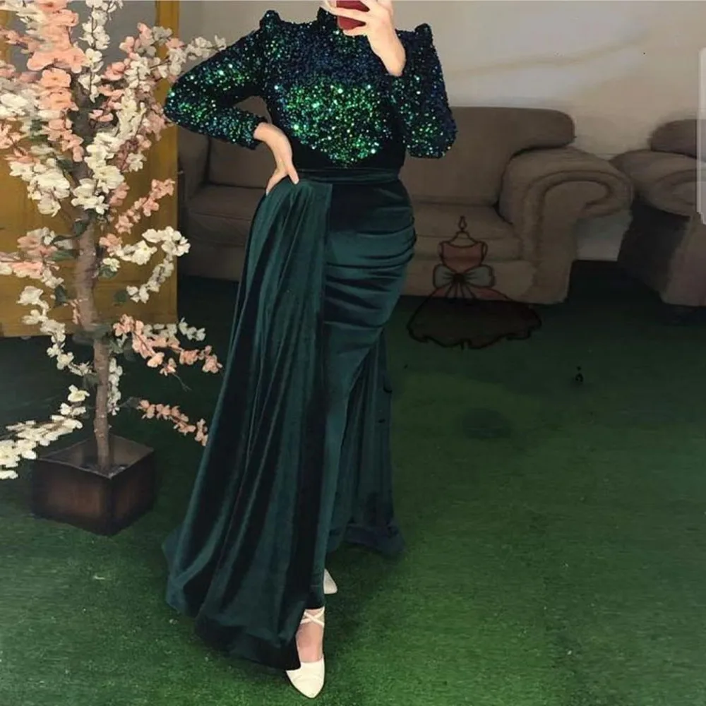 Arabisch Muslimischen Abendkleider Emerald Green Pailletten Langen Ärmeln Meerjungfrau Frauen Formale Prom Kleider Night Party Maxi Robe Plus Größe